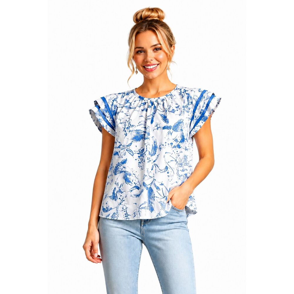 NWT Umgee M 8 10 Sky Blue Cream Botanical Floral Toile Cotton Layered Sleeve